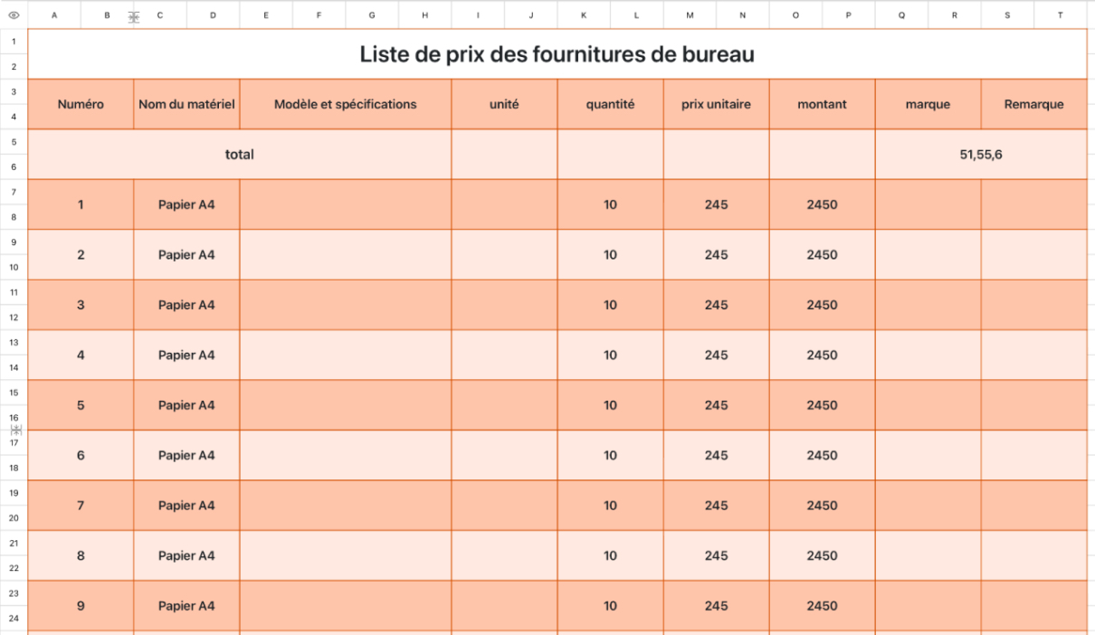 Énoncé des prix des fournitures de bureau